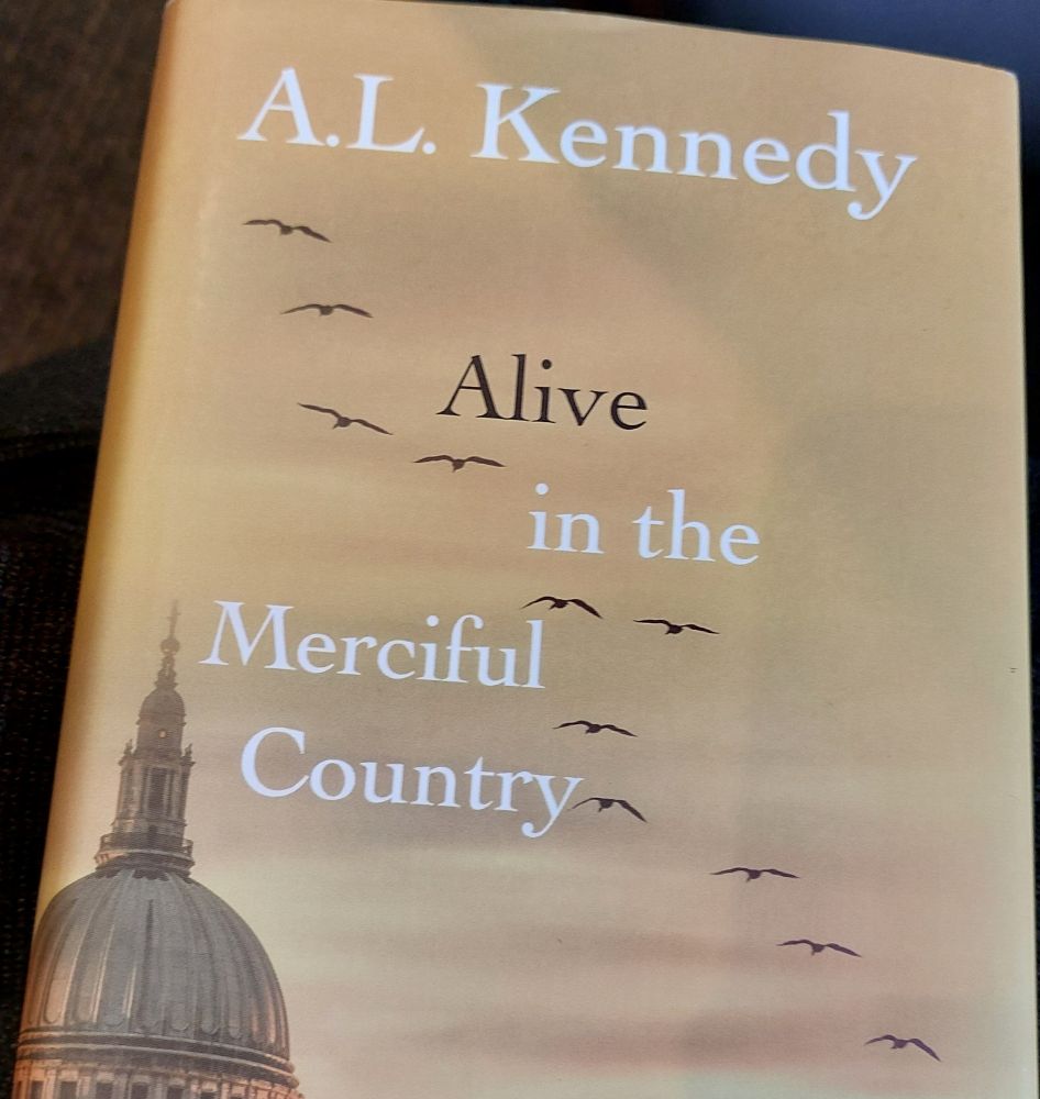 Cover of AL Kennedy's Alive in the Merciful Country depicts a sunrise (or sunset) sky in apricot hues. Bottom left of the cover is a dome (possibly St Paul's?) And flying birds are silhouettes against the sky).