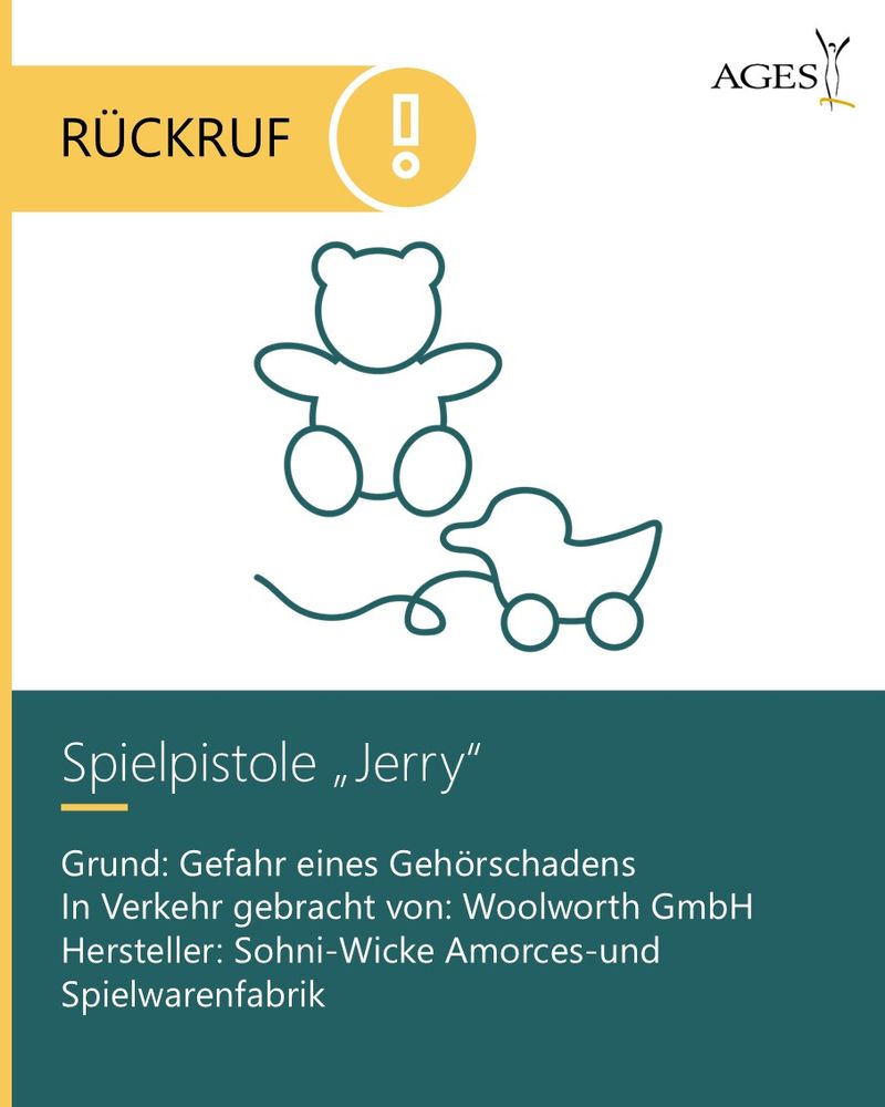 Spielpistole „Jerry“
Grund: Gefahr eines Gehörschadens
In Verkehr gebracht von: Woolworth GmbH
Hersteller: Sohni-Wicke Amorces-und Spielwarenfabrik