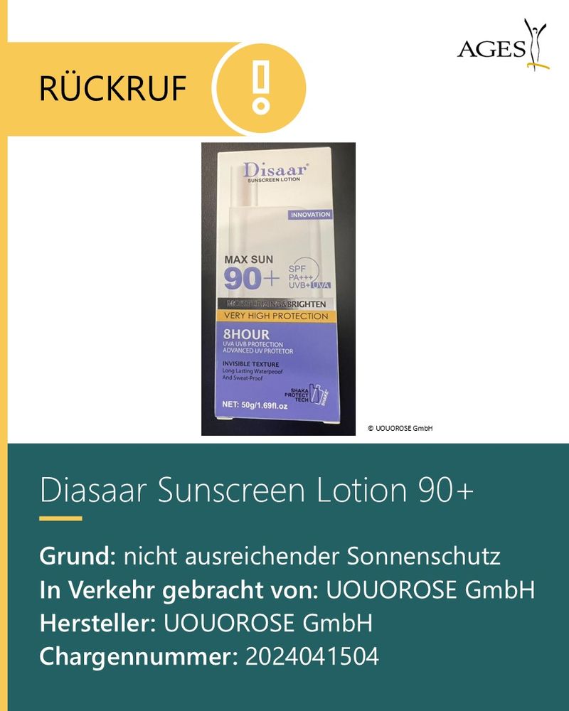Diasaar Sunscreen Lotion 90+
Grund: nicht ausreichender Sonnenschutz
In Verkehr gebracht von: UOUOROSE GmbH
Hersteller: UOUOROSE GmbH
Chargennummer: 2024041504

