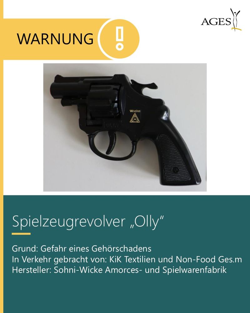 Spielzeugrevolver „Olly“
Grund: Gefahr eines Gehörschadens
In Verkehr gebracht von: KiK Textilien und Non-Food Ges.m
Hersteller: Sohni-Wicke Amorces- und Spielwarenfabrik
