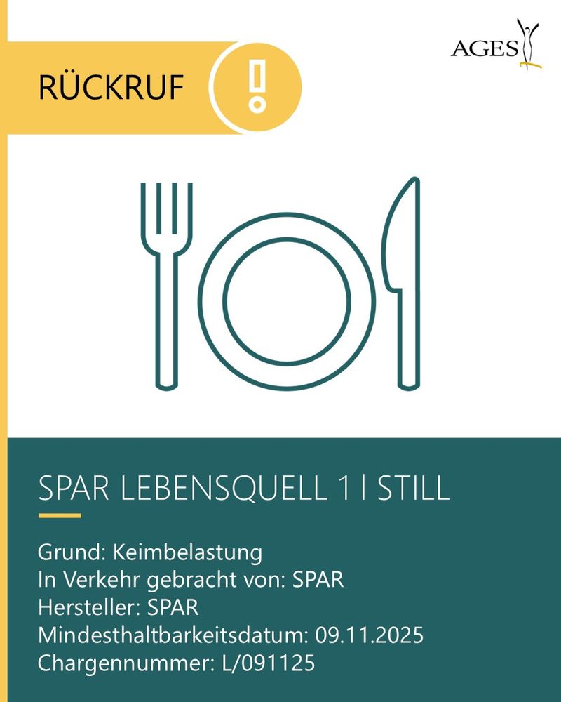 SPAR LEBENSQUELL 1 l STILL
Grund: Keimbelastung
In Verkehr gebracht von: SPAR
Hersteller: SPAR
Mindesthaltbarkeitsdatum: 09.11.2025
Chargennummer: L/091125


