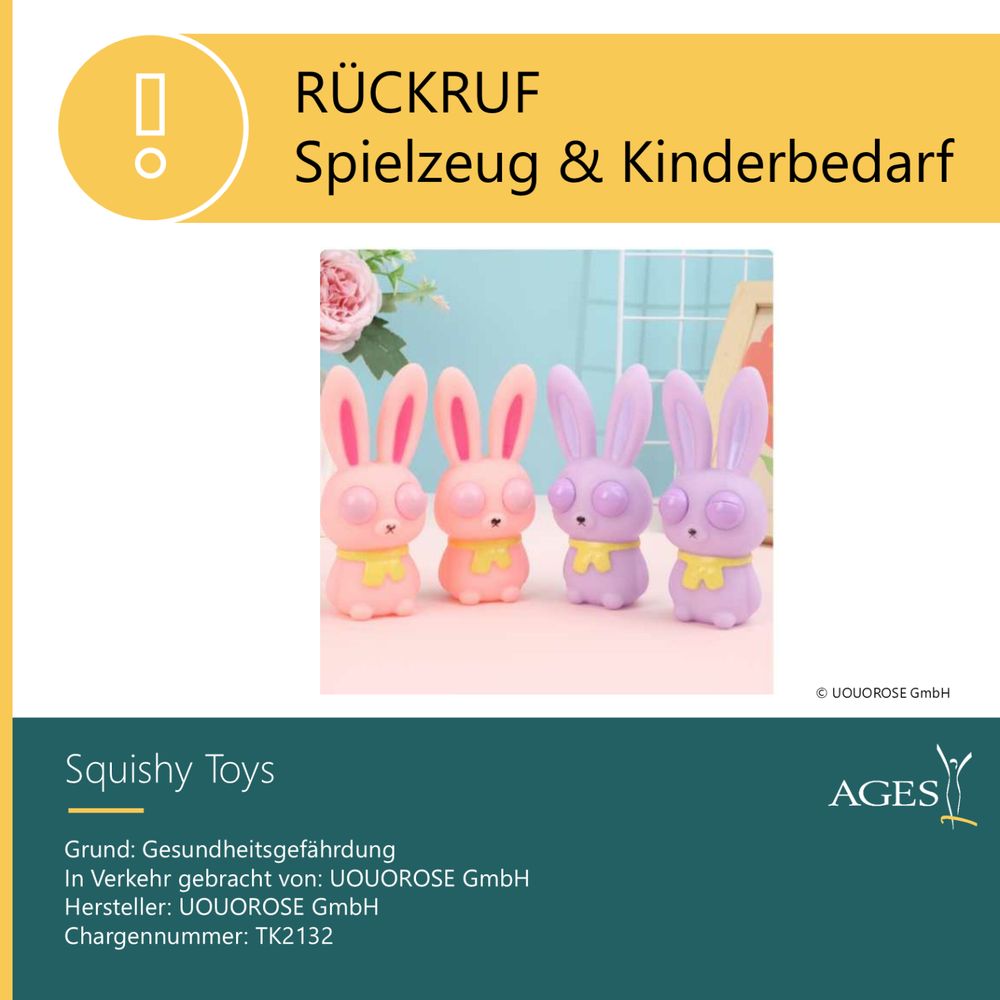 Squishy Toys
Grund: Gesundheitsgefährdung 
In Verkehr gebracht von: UOUOROSE GmbH
Hersteller: UOUOROSE GmbH
