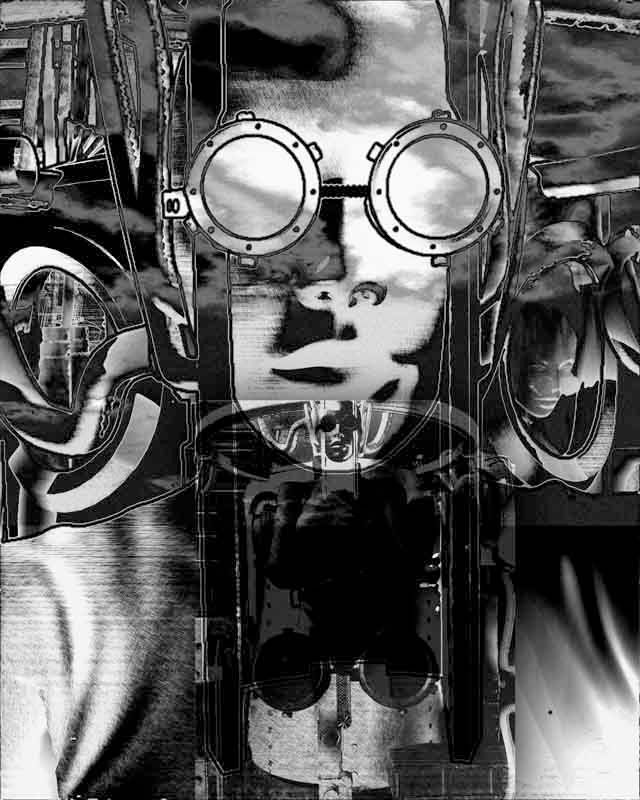 [harsh black and white comix-style cyberpunk image of feminine face repeating within itself from multiple angles]