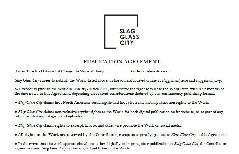 Contract for publication between Slag Glass City magazine and Selene dePackh for "Time Is a Distance that Changes the Shape of Things"
