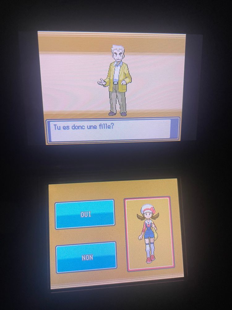 Écran 3DS d’un jeu Pokémon où le professeur Chen me demande de confirmer si je suis bien une fille 