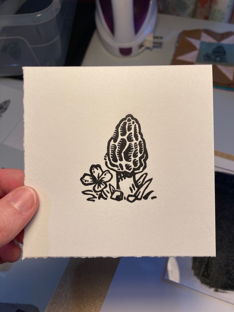 a 3x3 inch morel mushroom linocut print
