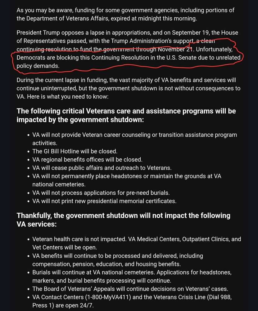 VA email about the government shutdown. Highlighted is a sentence blaming Democrats.