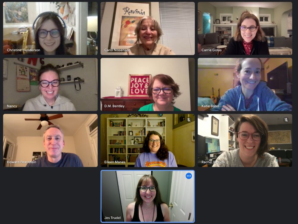 Screenshot of nine smiling people in a Google Meets room.