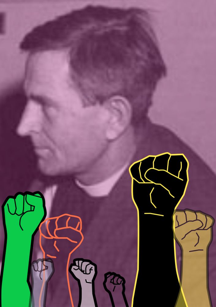 A pink washed photo of an Anglican cleric facing left, with simplified illustrations of raised “power” fists lining the bottom of the image