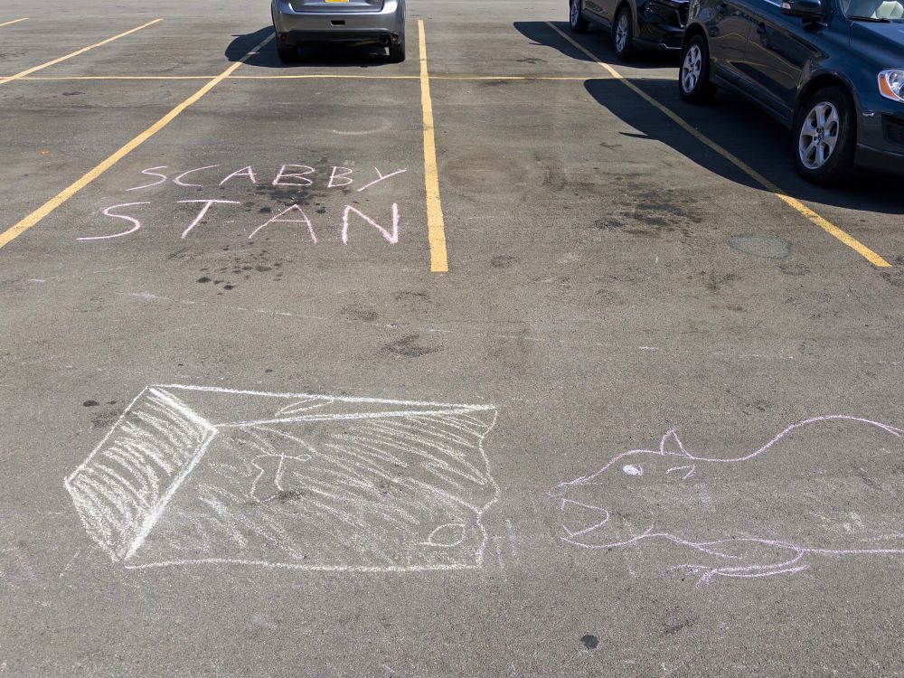 A chalked rat eating cheese drawn onto pavement. 