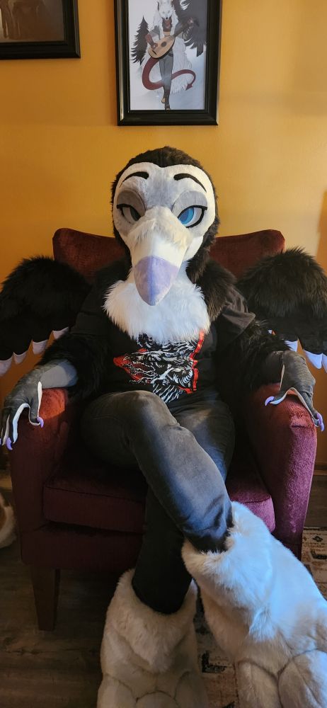Raven fursuit on a red chair in front of a yellow wall