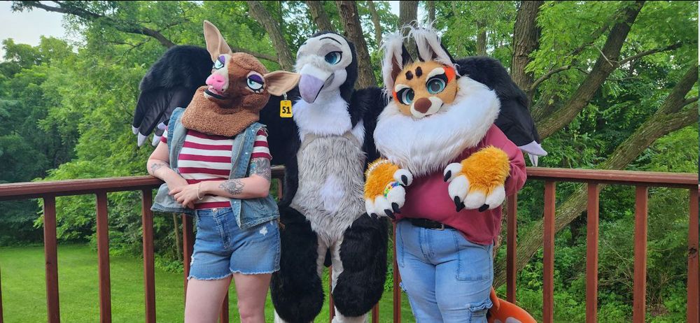 Sheep, Raven, and Catfish (lynx with a fish tail) fursuits stand on a wood deck surrounded by trees