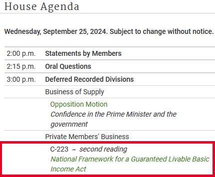 Timetable for Canadian House of Commons, September 25, 2024.