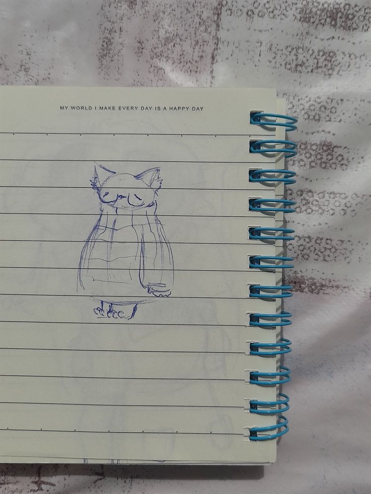 desenho em um caderninho de un gato usando óculos e um casaco comicamente grande