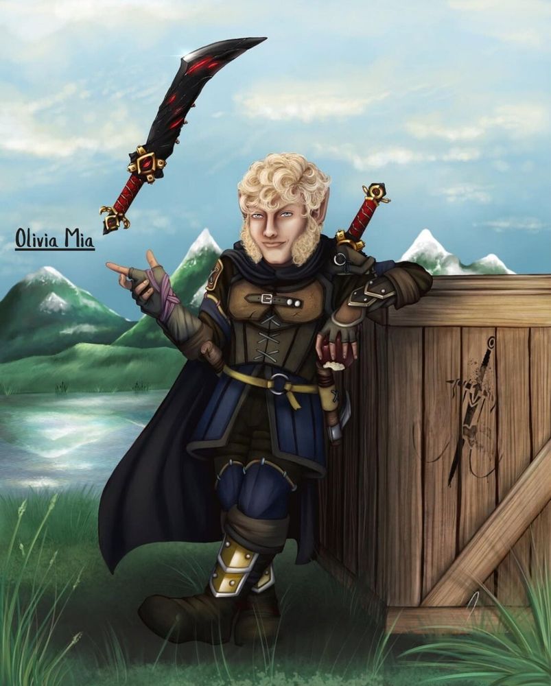 Elric, the elven adventurer, leaned against a crate, his swords gleaming. With a grin, he shared his adventures, the hills behind him whispering old secrets. His eyes shone with excitement, ready for the next journey.