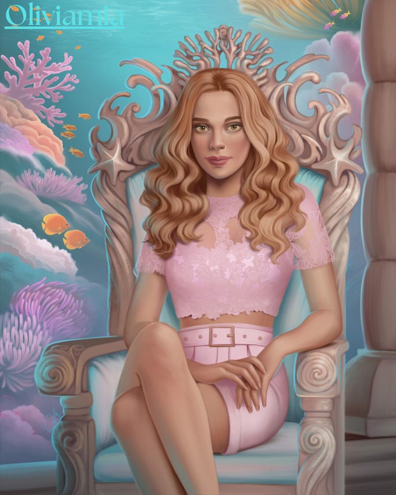 In the colorful coral kingdom, Princess Maris sat gracefully on her pearl throne. Her golden hair flowed like waves over her shoulders. The underwater world was full of life, with colorful fish that seemed to dance to a silent melody. Dressed in a pink outfit, the color of the ocean at dawn, she stared into the distance, lost in thought. Under her gentle rule, every creature from the tiniest seahorse to the largest whale lived in peace.