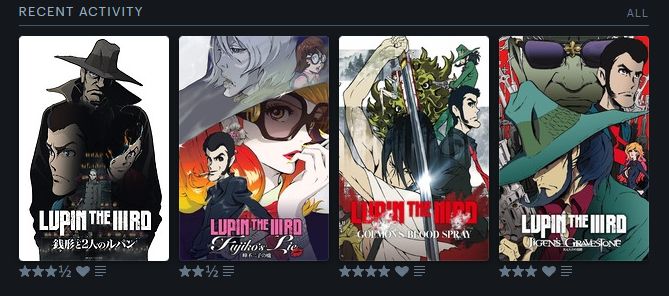 Recent Activity:
Lupin the 3rd - Jigen's Gravestone; 3 Stars, Heart, Review
Lupin the 3rd - Goemon's Bloodspray; 4 Stars, Heart, Review
Lupin the 3rd - Fujiko's Lie; 2.5 Stars, Review
Lupin the 3rd - Zenigata and the 2 Lupins; 3.5 Stars, Heart, Review