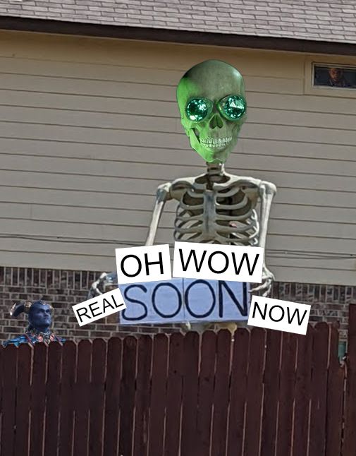 Edited picture of Manfred and other Veilguard characters with a sign that says "OH WOW REAL SOON NOW"
