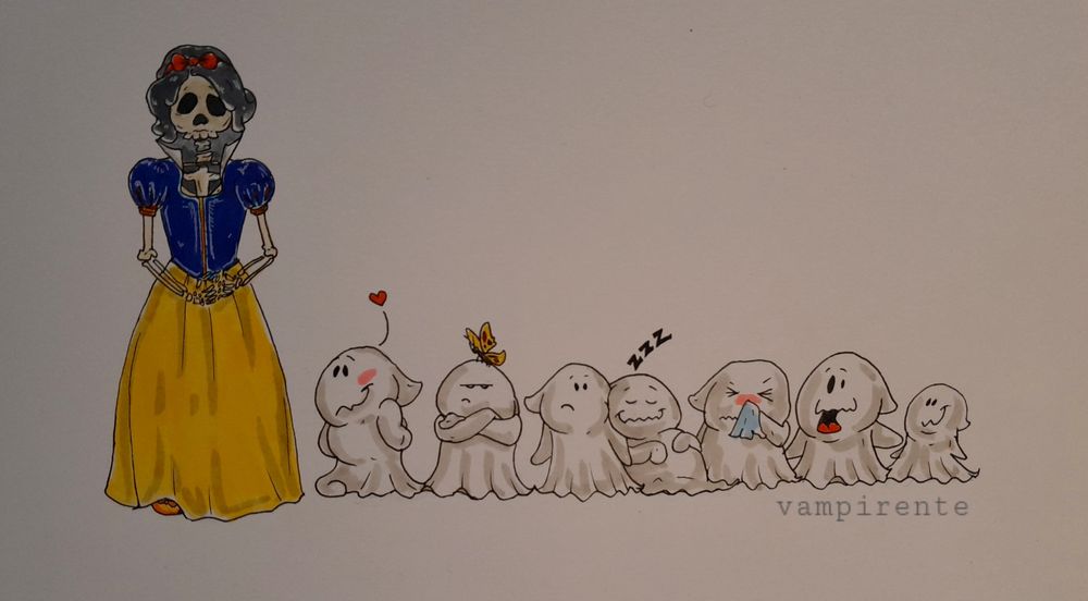 Zeichnung: links ein Skelett-Schneewittchen, daneben die 7 Geister mit ihren entsprechenden Charaktereigenschaften z.b. grumpy oder schlafend 