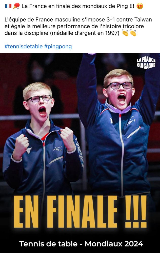 Capture d’écran d’un post annonçant la France en finale des mondiaux de Ping