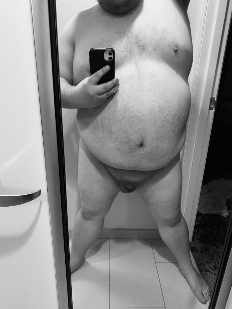 Nude bear standing in front of a mirror showing his front side