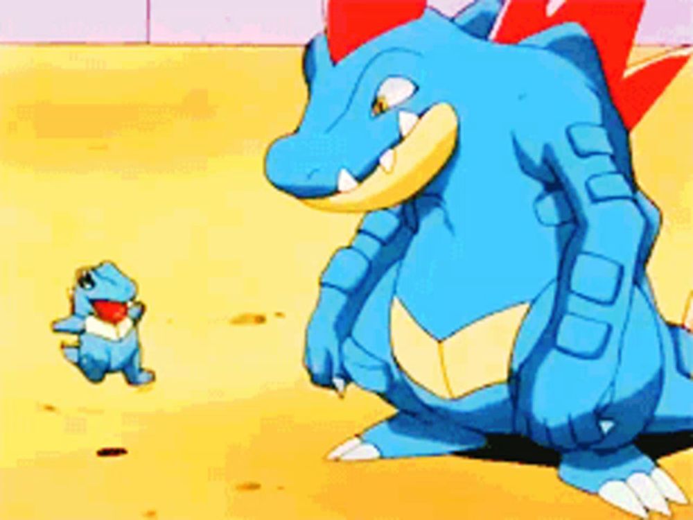 a blue pokemon is standing next to a smaller pokemon on the ground