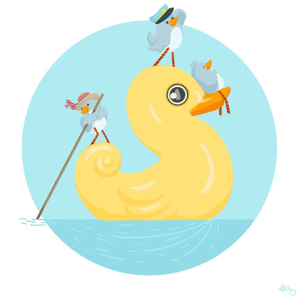 Little birds sailing on a rubber duck