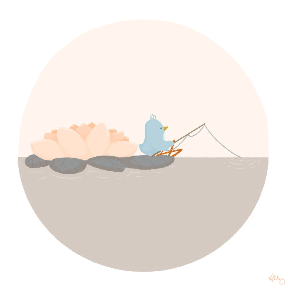 A little birdie fishing with a fishing pole while sitting on a floating lily pad
