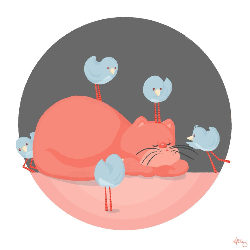 snoozing cat with five little birds watching on