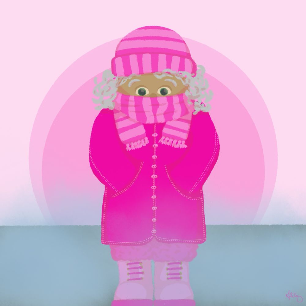 A person bundled in coat, hat, scarf and toasty warm boots standing outside on a cold, foggy morning