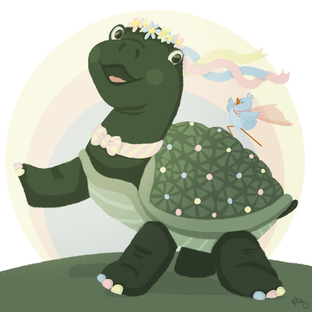 A turtle with a dashing striped bow tie and beribboned whimsical flower crown singing and dancing while a bird wearing a delicate cape and riding on their back joins in enthusiastically