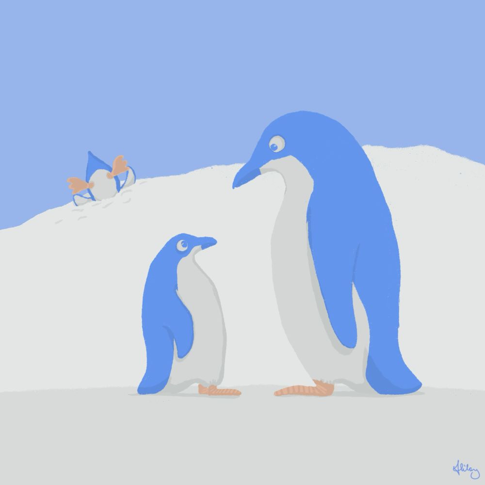 Adult penguin looking at juvenile penguin while in the background the bottom half of a penguin is sticking out of a snowdrift, with its feet in the air