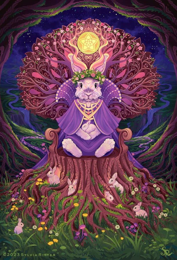 The Queen of Coins card shows a down-to-earth rabbit queen wearing jackalope antlers as a crown.
This queen has a good work-life balance. She cares for her family, the rabbit kingdom's business affairs, and the overall well-being of everyone. Her tree throne and its roots manifest how well-grounded she is with earth and reality. The flower headdress represents how little she needs; gold or precious metals aren't important to her.

The flowers on the throne (cherry blossoms - buds to flowers) and on the ground (dandelions - flowers to seed head) transition from spring to summer. It's night. The background shows the vast lands she reigns over. In front of the throne, her little ones are gathered, and the throne itself is also their home with room for cozy rabbit holes. Such a secure and wonderful place to grow up and be cared for.
https://www.deviantart.com/sylviaritter/art/Queen-of-Coins-966934162