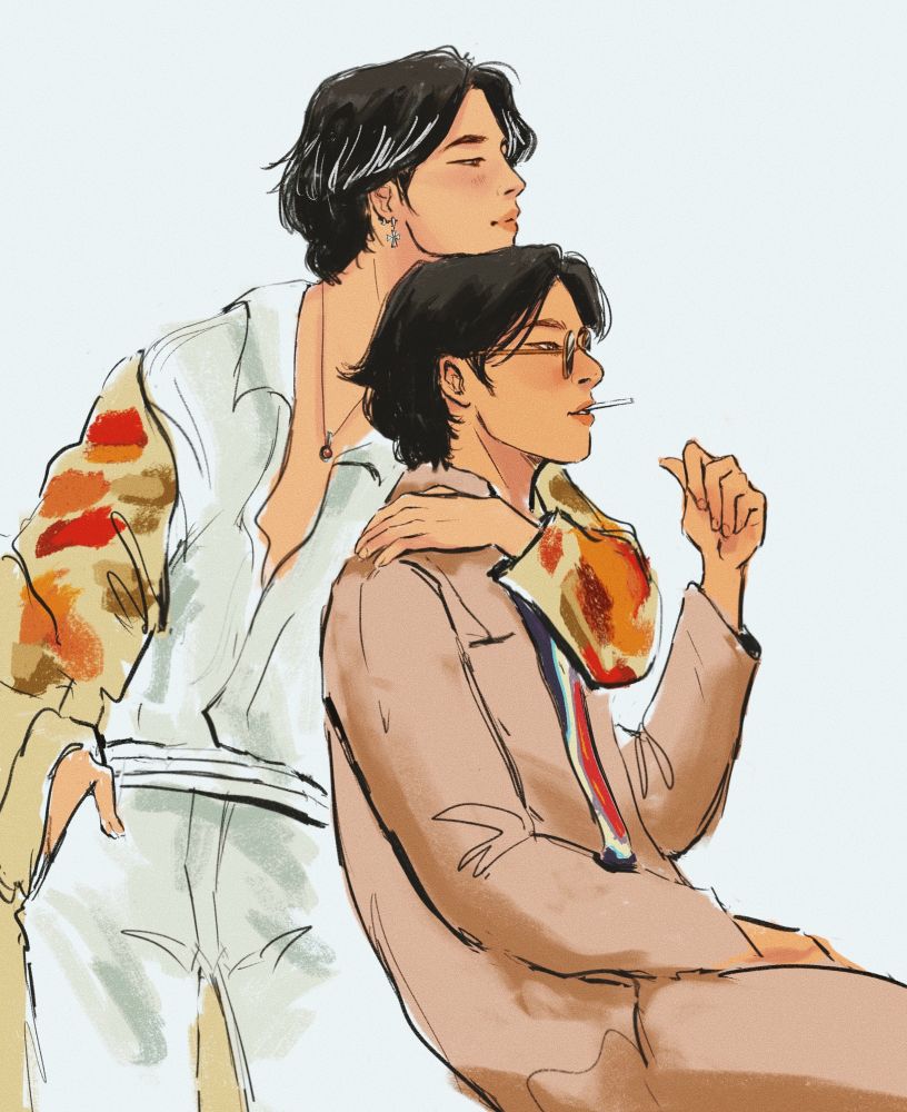 digital art of Jimin and V from BTS. they’re in their permission to dance concert clothes; V is sitting down with a lollipop in his mouth; Jimin is hugging him with one arm from behind, his chin resting on V’s head.