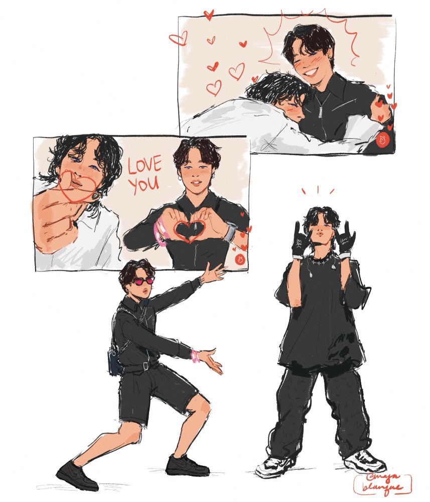 digital artwork of Jimin and j-hope of BTS. there are two panels of redraws from when they went live after hobipalooza; the first is of j-hope hugging Jimin, and the second is of them making two different finger hearts. a third illustration is of Jimin posing like the Will Smith tada meme presenting j-hope, who is posing in his concert clothes, the point being he’s there to support his hyung