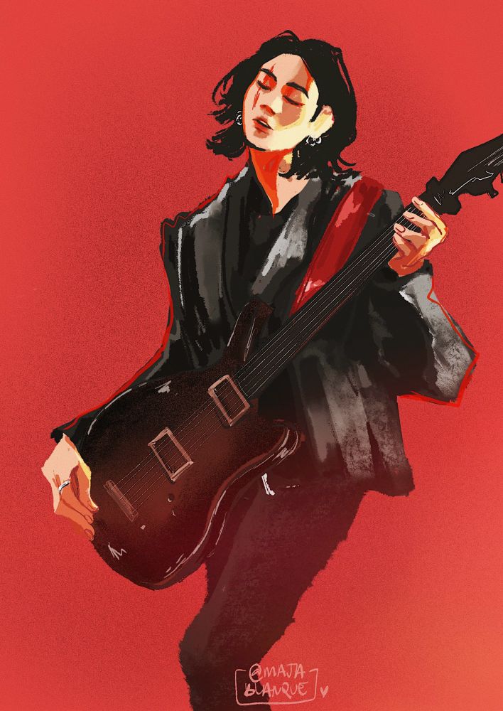 digital art of Yoongi from BTS as Agust D. this is an artwork based on the music video of his song Snooze. he is posing holding his guitar, his facial expression serene, to convey the caption and lyrics “everything will be okay”