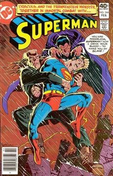 DC comic cover showing Superman being attacked by Dracula and Frankenstein’s Monster.