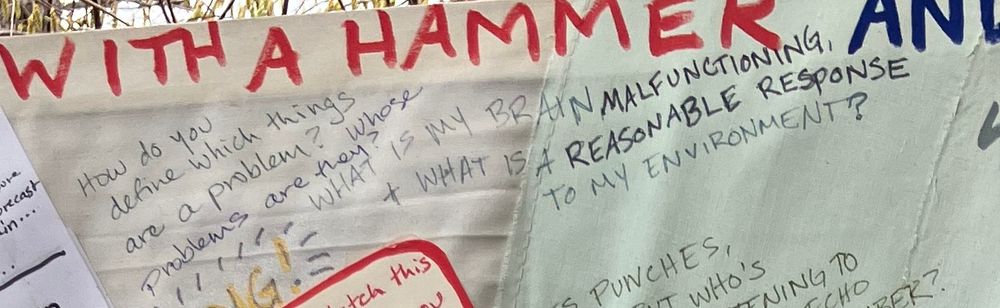 little section out of a larger artwork of stretched fabric covered in handwritten things in various markers & colors; the completely visible text says "How do you define which things are a problem? Whose problems are they? WHAT IS MY BRAIN MALFUNCTIONING + WHAT IS A REASONABLE RESPONSE TO MY ENVIRONMENT?"
