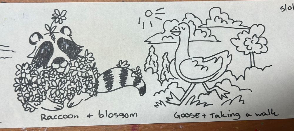 Left is a raccoon covered in flowers and right is a goose going for a walk