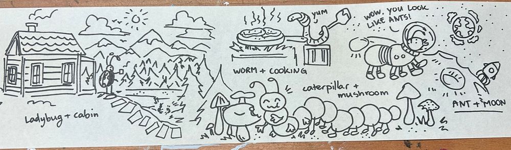 On the left theres a wood cabin overlooking a lake with a backdrop of mountains and trees. On the porch of the cabin theres a bipedal ladybug. To the left of that theres a worm cooking some food. Below that one theres a caterpillar enjoying some tasty mushrooms and all the way on the left there is an ant astronaut on the moon, they are looking at earth and saying "wow you look like ants!"