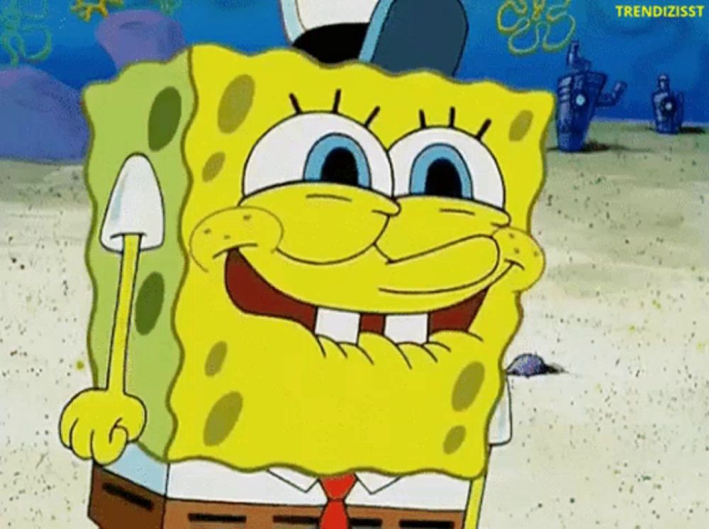 a cartoon character named spongebob is smiling and holding a shovel in his hand