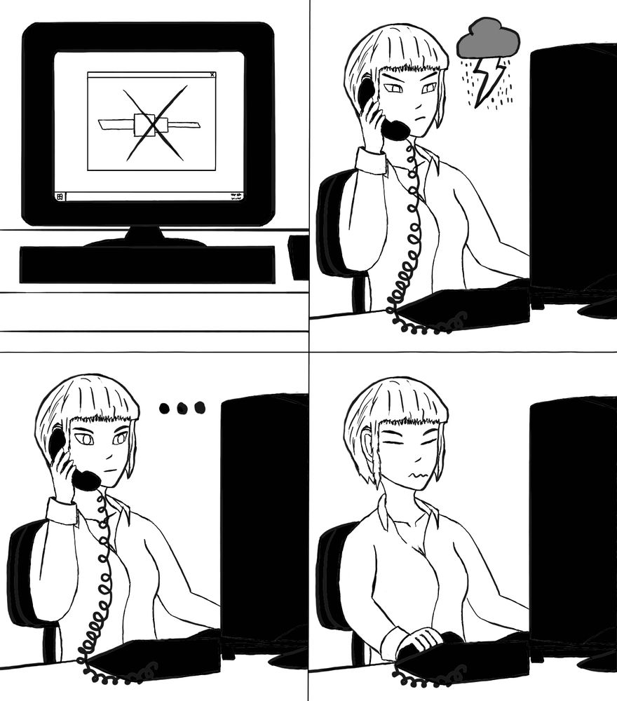 A four-panel comic about a woman belatedly realizing that she's trying to use a landline at the same time as the internet via dial-up.