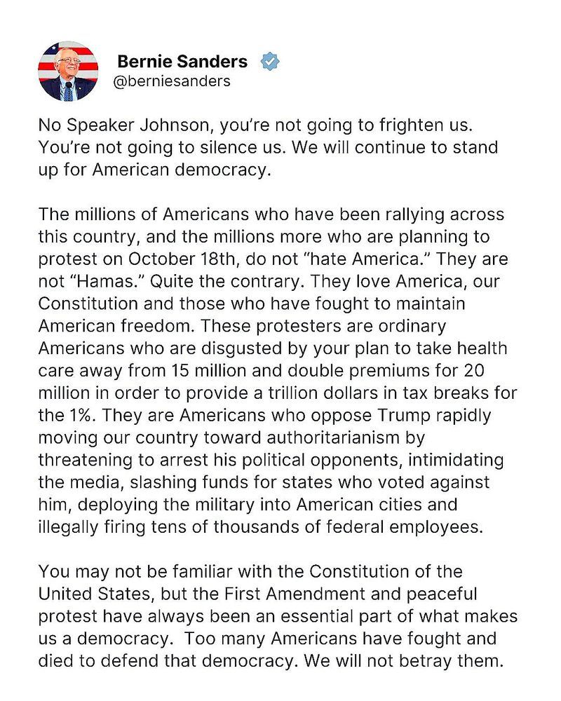 Bernie Sanders post beginning "No Speaker Johnson, you're not going to frighten us." Ending "Too many Americans have fought and died to defend that democracy. We will not betray them."