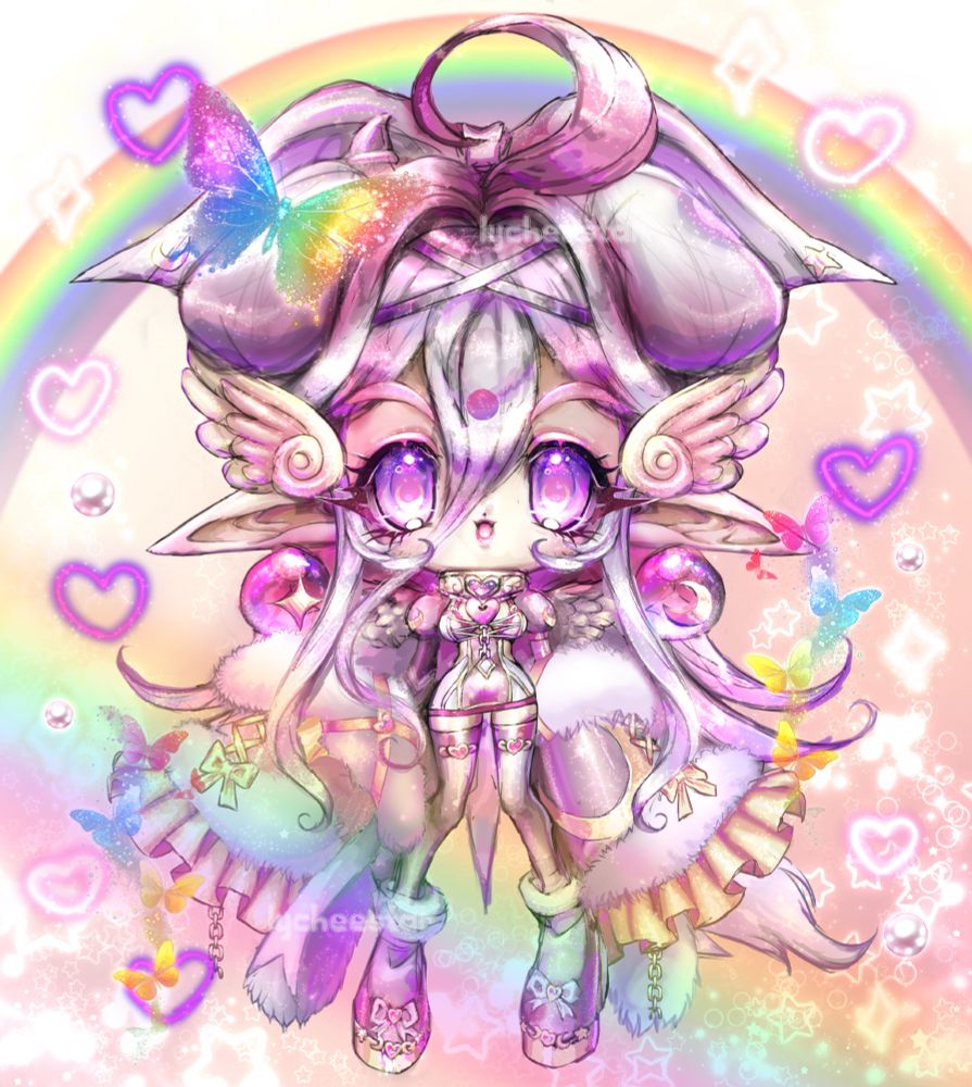 A chibi digital painting of fiyunae's original character. She has puppy ears and elf ears. It's vibrant. There's lots of rainbows, sparkles, and butterflies.