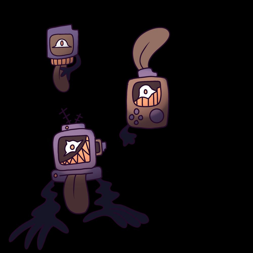 Hauntridge- (Ghost) -> Consoul- (Ghost/Electric) -> Polteevy (Ghost/Electric)

The line references creepypastas like Sonic.EXE, Ben Drowned, the haunted video game trope, tv hijacking, the gameboy, trojan viruses, poltergeists, digital horror, analog horror. Bleeeeeeh