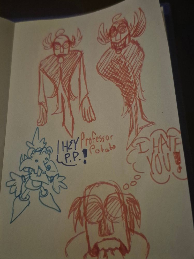 Drawing of Professor Potato, Tommy's arch-enemy.

He's a mystical wizard who uses his magic to warp the humble forest animals in monsters under his control.

Tommy: "Hey P. P.!"
P.P.: [thinking to himself] "I HATE YOU!"