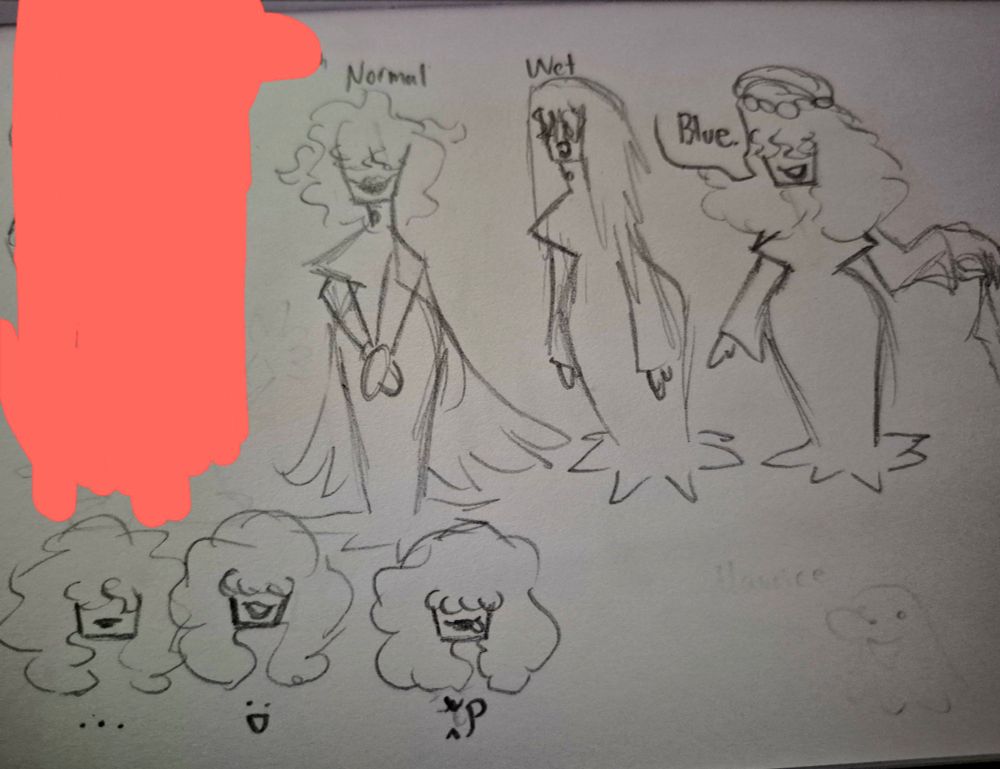 A goth woman design. The woman wears a long dress that hides her legs. Her hair is very frizzy. The post features concept sketches of her normal, wet, and holding a blue pair of... something. It also features some facial expressions: annoyed, happy, and silly. There is a censored drawing in the sketch.