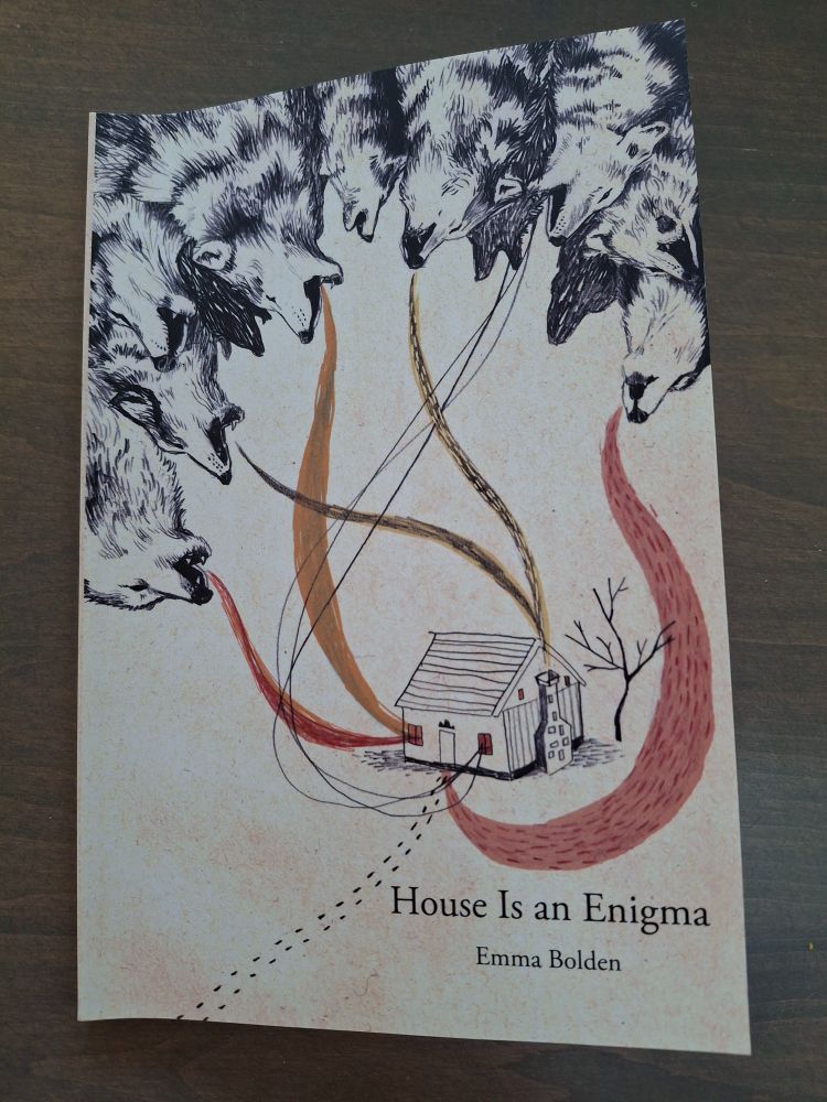 cover art by Sidsel Sorensen, "The Company of Wolves:" pencil drawing of a cottage with a bare tree next to it and foot-prints leading up to the door or away from it. From its chimney rise red and orange and yellow plumes towards a group of howling wolves (drawn in ink?). They seem to be hanging from the sky over the house. The background is off-white/beige.
