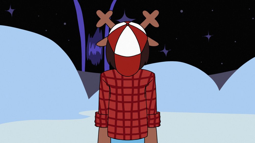December Holiday stands in a field of snow. We only see her back. She has a red pladd shirt and a red-and-white baseball cap that she has turned backwards. She looks into the horizon and at the stars and Dark Fountain.