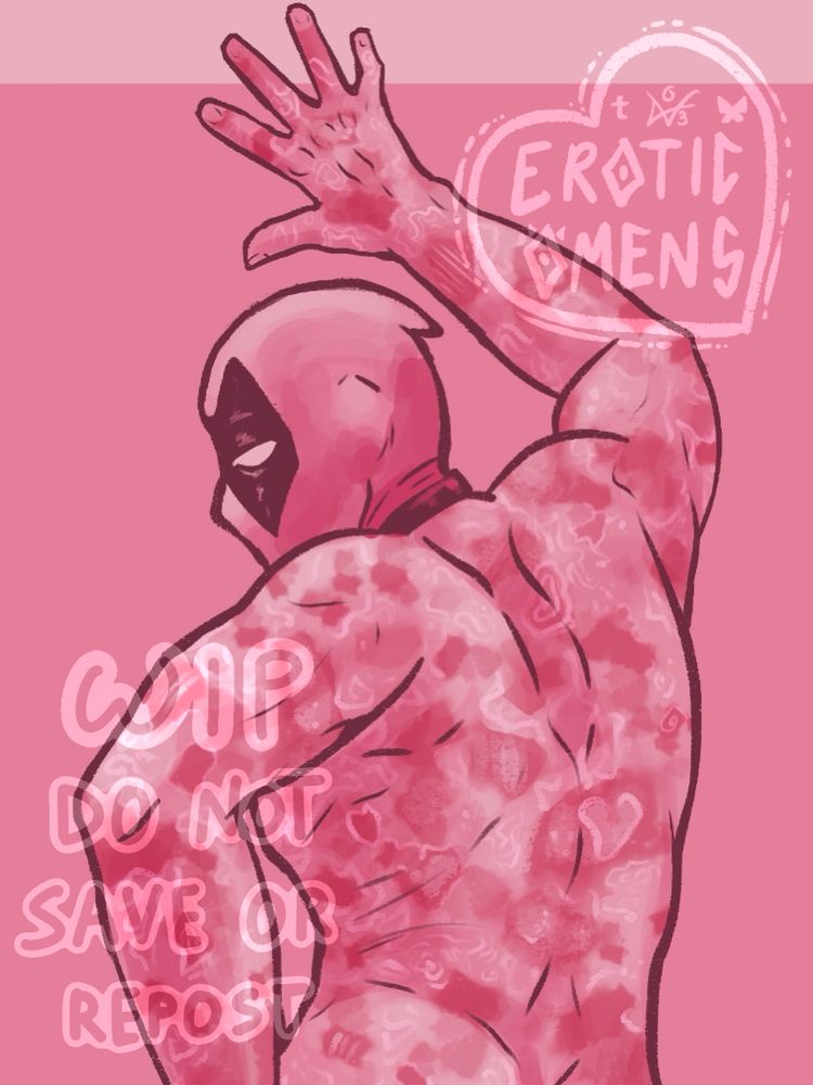 pink drawing of deadpool’s sexy back